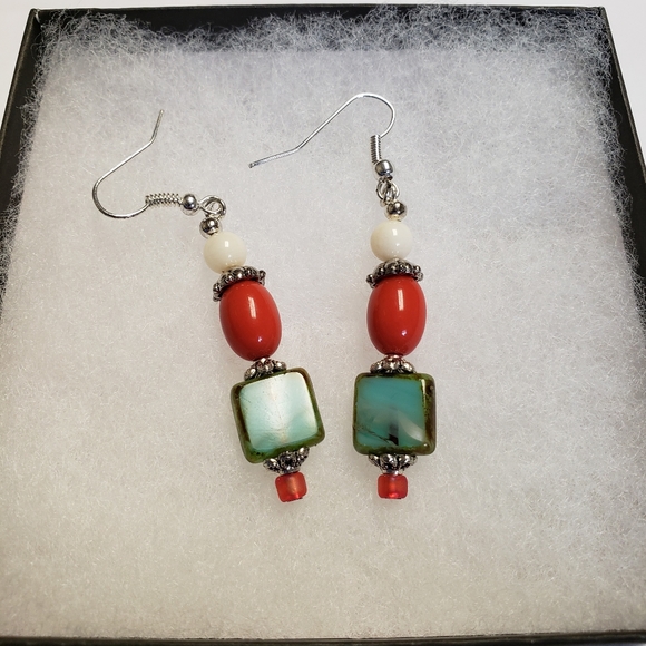 Earrings. Orange coral and simulated turquoise beads. Brand new. Never worn. - Picture 1 of 3
